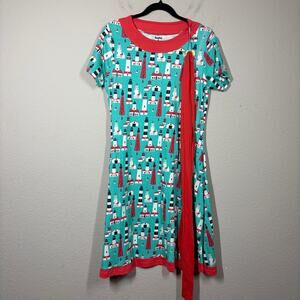 Svaha Medium Belted Shift Dress Red Turquoise Organic Cotton Lighthouse Print